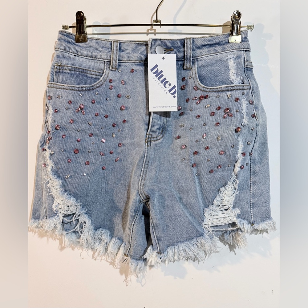 Light Wash Embellished Denim Shorts - Pink Accent